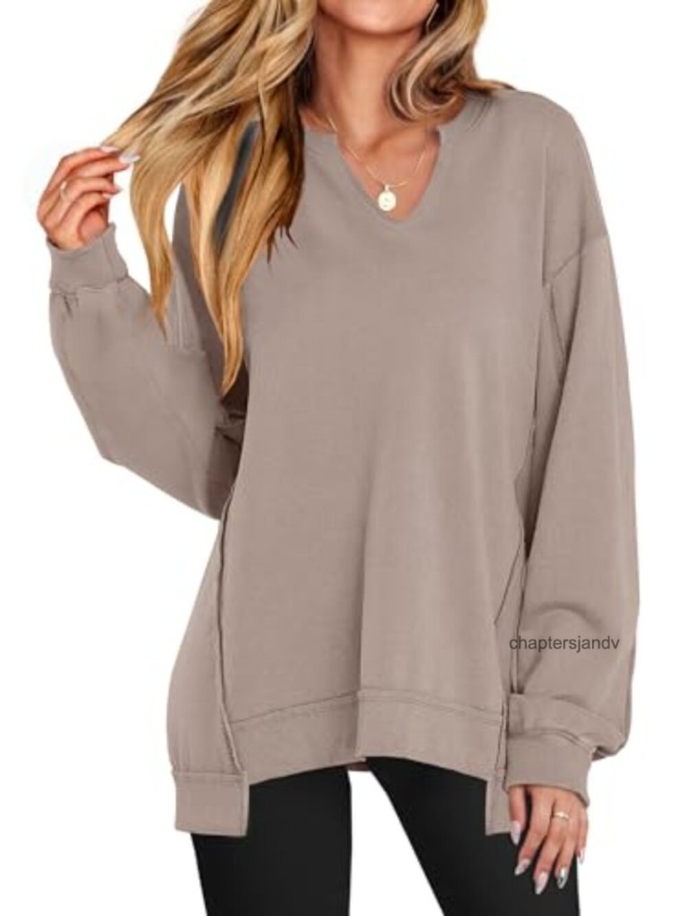 Womens Oversized V-Neck Sweatshirt High-Low Hem Casual Pullover
